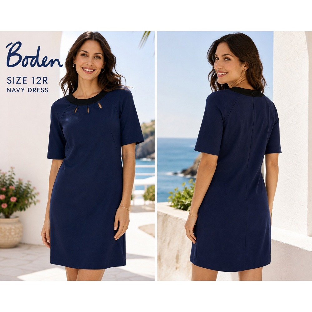 Boden Womens 12R Navy Blue Keyhole Neck Short Sleeve Shift Ponte Dress WH914